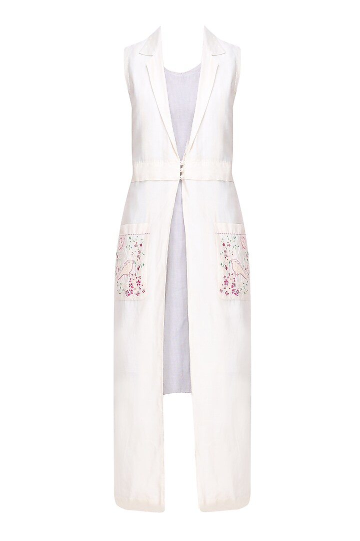 Ivory birds embroidered long jacket with slip dress available only at Pernia's Pop Up Shop.