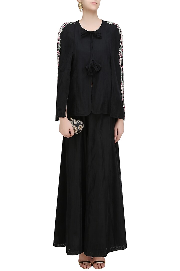Black birds embroidered batwing sleeve jacket and pants set available only at Pernia's Pop Up Shop.