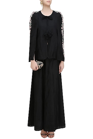 Black Birds Embroidered Batwing Sleeve Jacket and Pants Set by Aekatri by Charu Vij