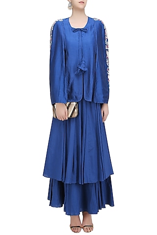 Blue Birds Embroidered Batwing Sleeve Jacket and Skirt Set by Aekatri by Charu Vij