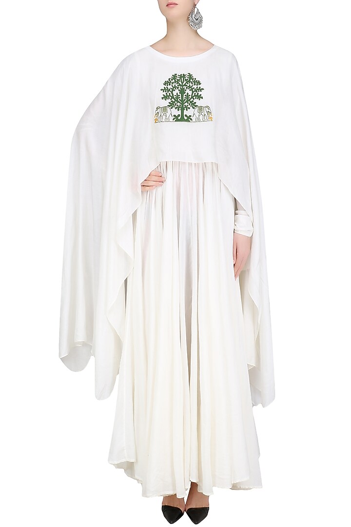 White and green tree design flared cape anarkali available only at Pernia's Pop Up Shop.