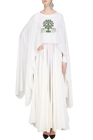 White and Green Tree Design Flared Cape Anarkali by Aekatri by Charu Vij