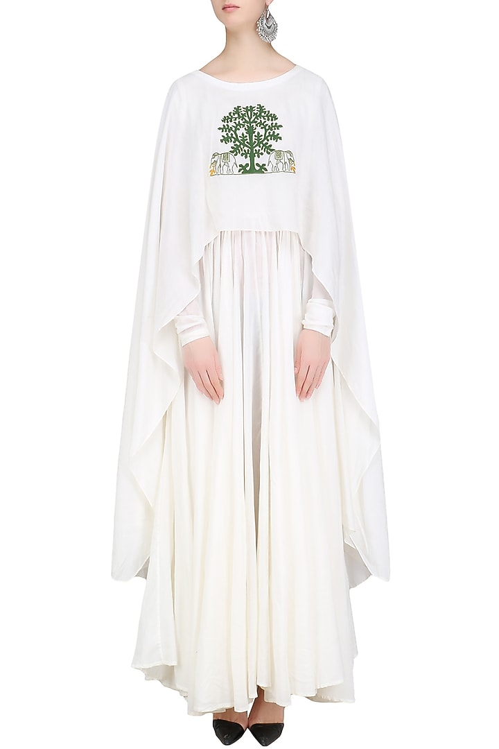 White and green tree design flared cape anarkali available only at Pernia's Pop Up Shop.