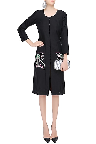 Black Floral Embroidered Patch Loose Dress by Aekatri by Charu Vij