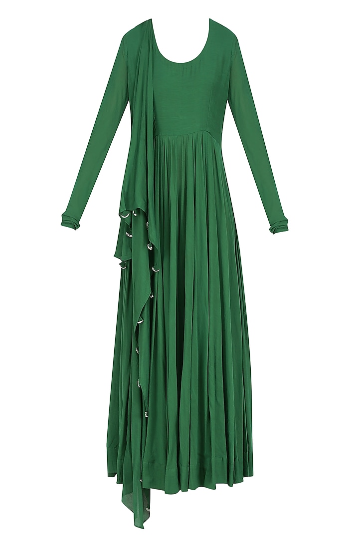 Green Flared and Pleated Drape Anarkali with Attached Dupatta by Aekatri by Charu Vij