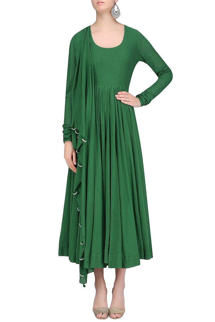 Green flared and pleated drape anarkali with attached dupatta available only at Pernia's Pop Up Shop.
