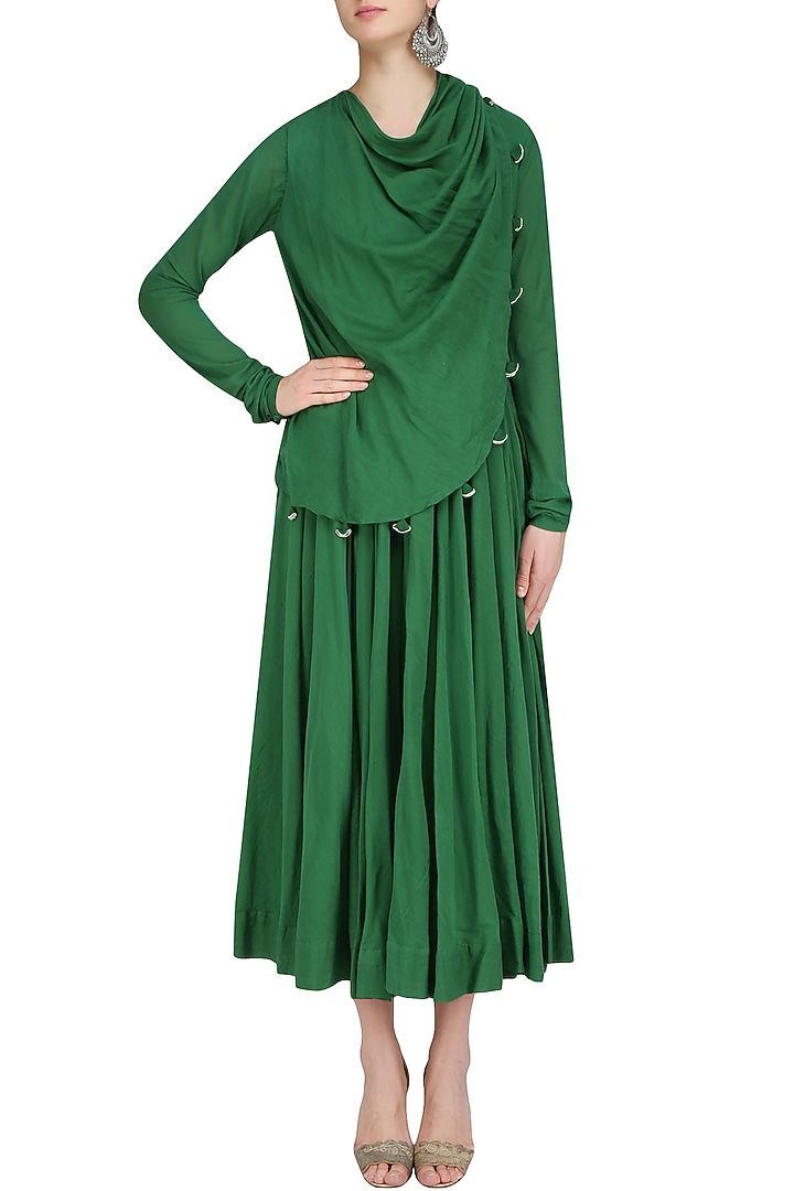 Green flared and pleated drape anarkali with attached dupatta available only at Pernia's Pop Up Shop.