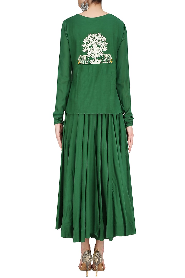 Green flared and pleated drape anarkali with attached dupatta available only at Pernia's Pop Up Shop.