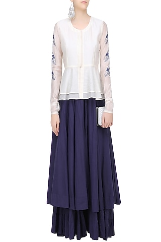 White and Blue Birds Embroidered Peplum Top and Skirt Set by Aekatri by Charu Vij