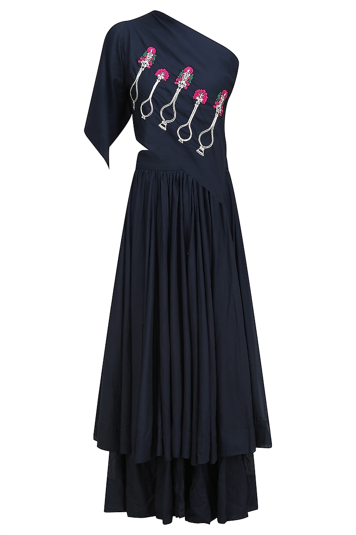 Slate Blue Embroidered Asymmetric Top and Skirt Set by Aekatri by Charu Vij