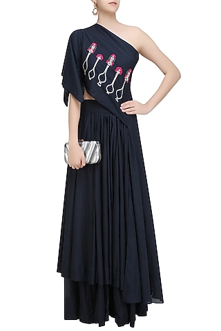 Slate Blue Embroidered Asymmetric Top and Skirt Set by Aekatri by Charu Vij
