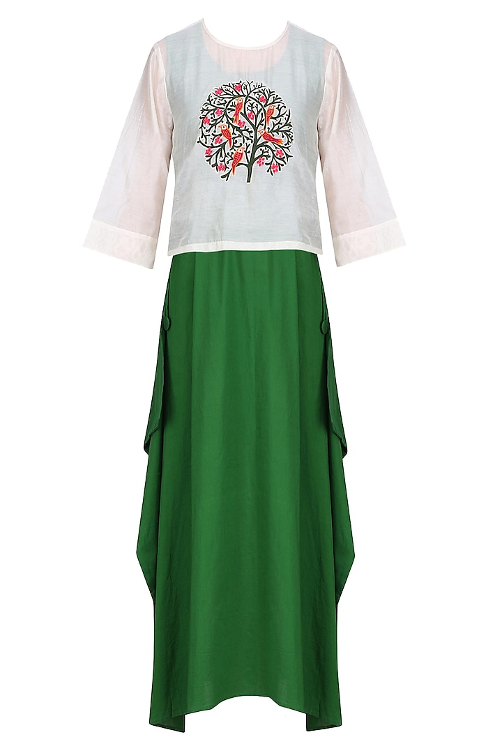 Off white embroidered top with green maxi dress available only at Pernia's Pop Up Shop.