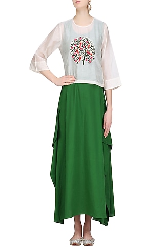 Off White Embroidered Top with Green Maxi Dress by Aekatri by Charu Vij