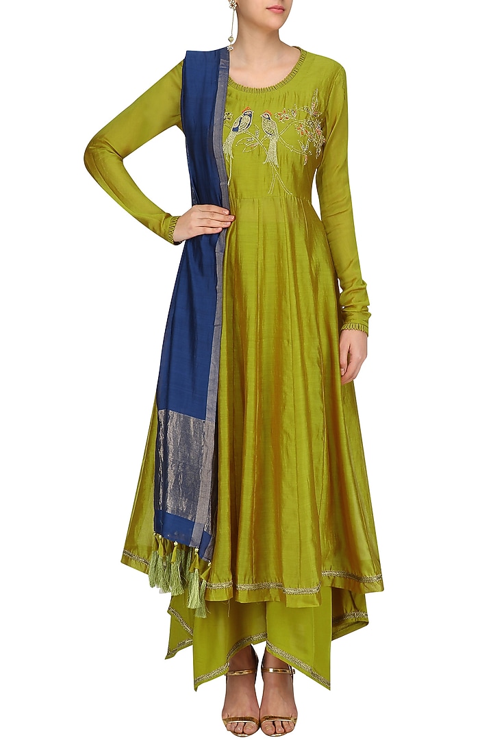 Mustard lovebirds motif anarkali set available only at Pernia's Pop Up Shop.