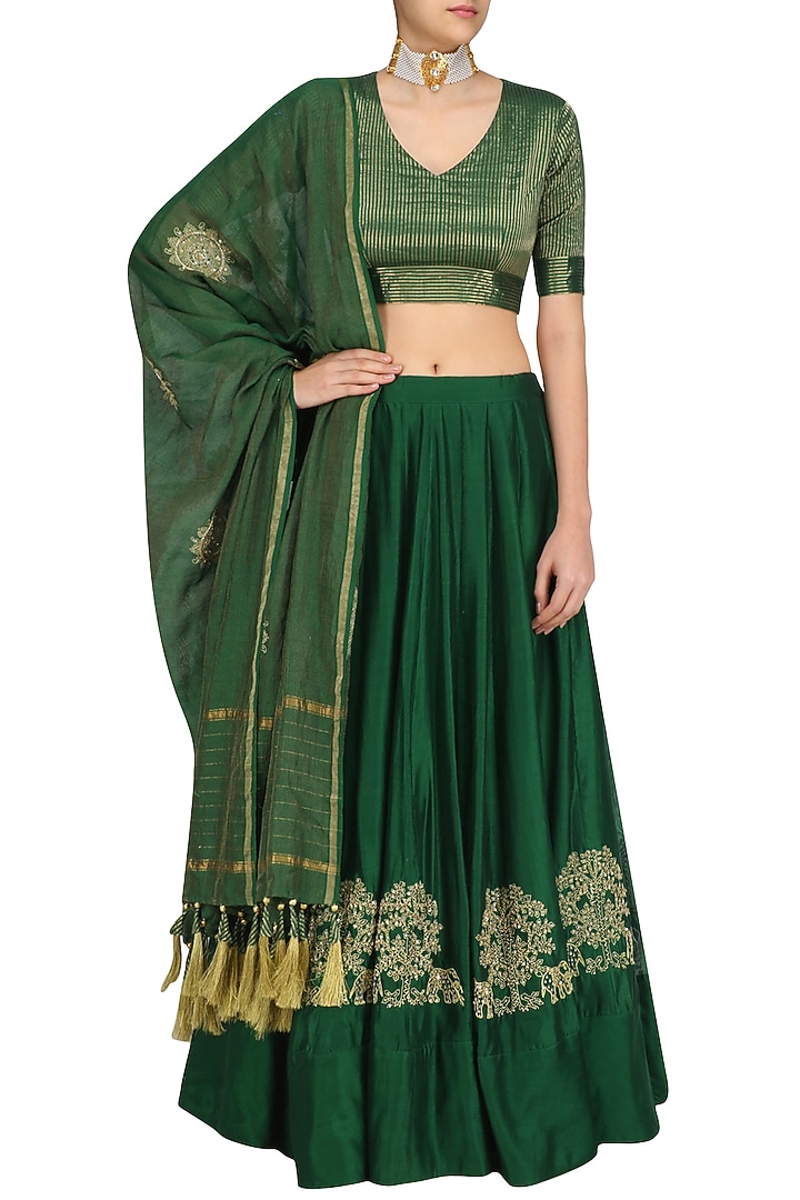 Emerald gaj embroidery lehenga set available only at Pernia's Pop Up Shop.