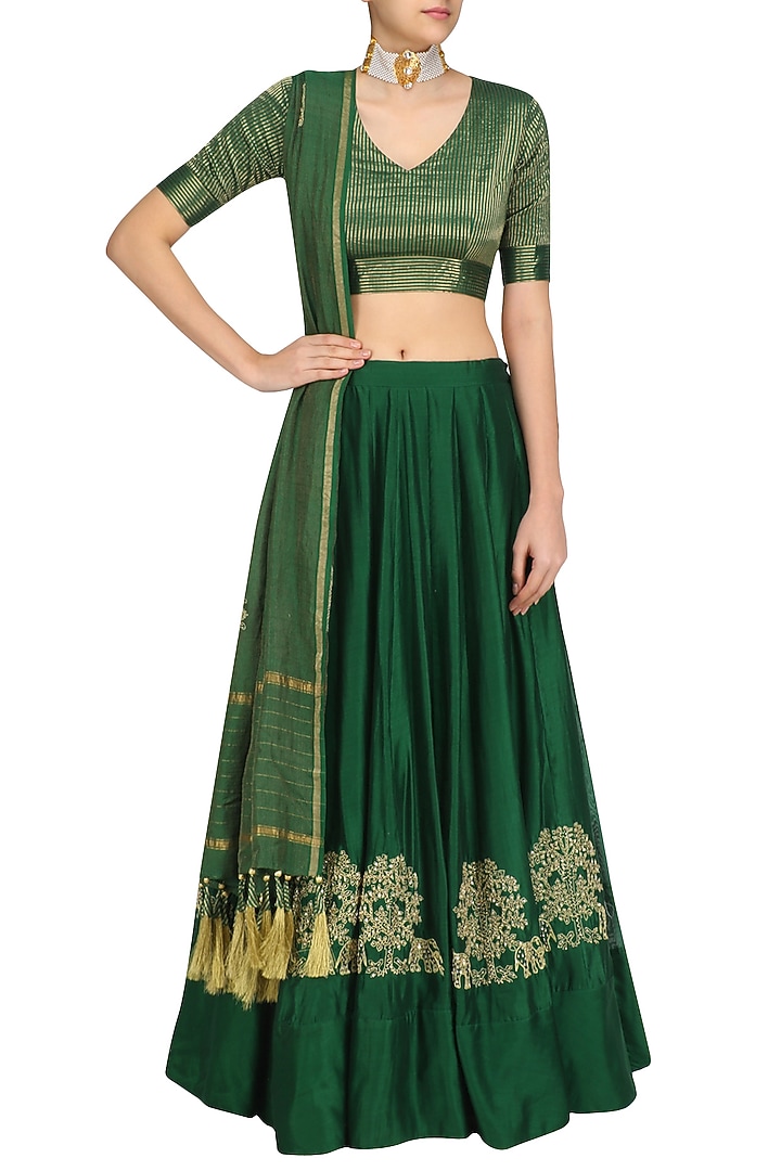 Emerald gaj embroidery lehenga set available only at Pernia's Pop Up Shop.