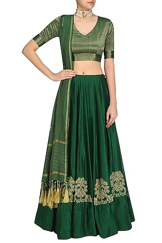 Emerald Gaj Embroidery Lehenga Set by Aekatri by Charu Vij