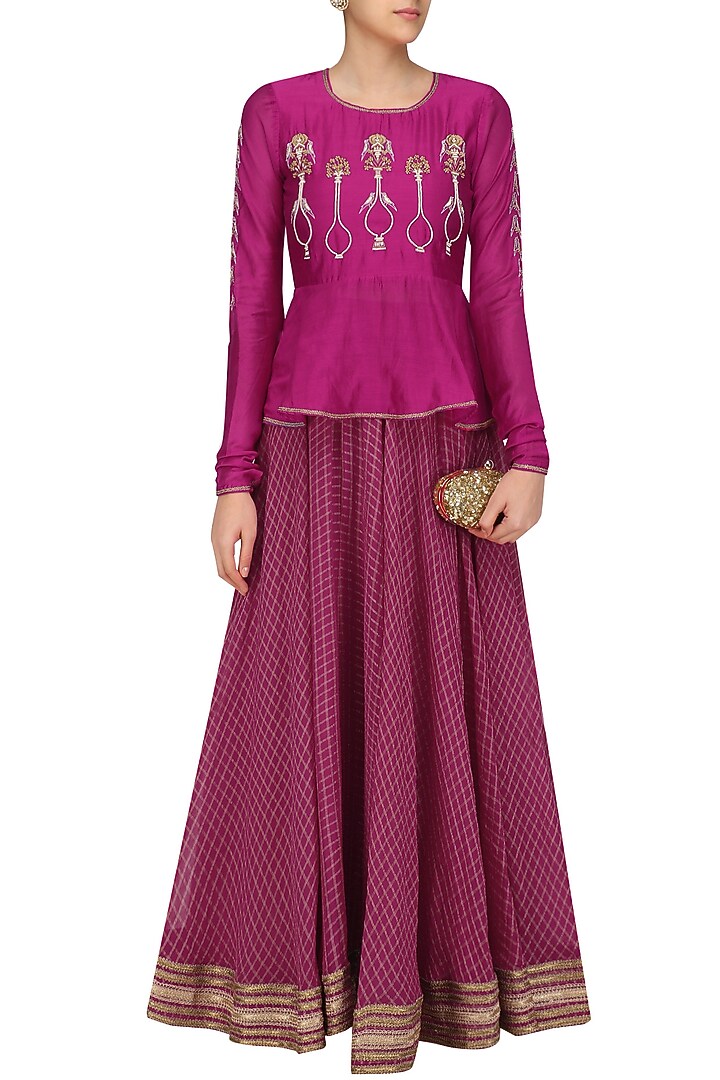 Cranberry embroidered peplum lehanga set available only at Pernia's Pop Up Shop.