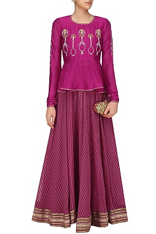 Cranberry Embroidered Peplum Lehanga Set by Aekatri by Charu Vij