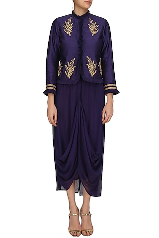 Eggplant Color Embroiderd Frill Jacket with Asymmetric Skirt by Aekatri by Charu Vij