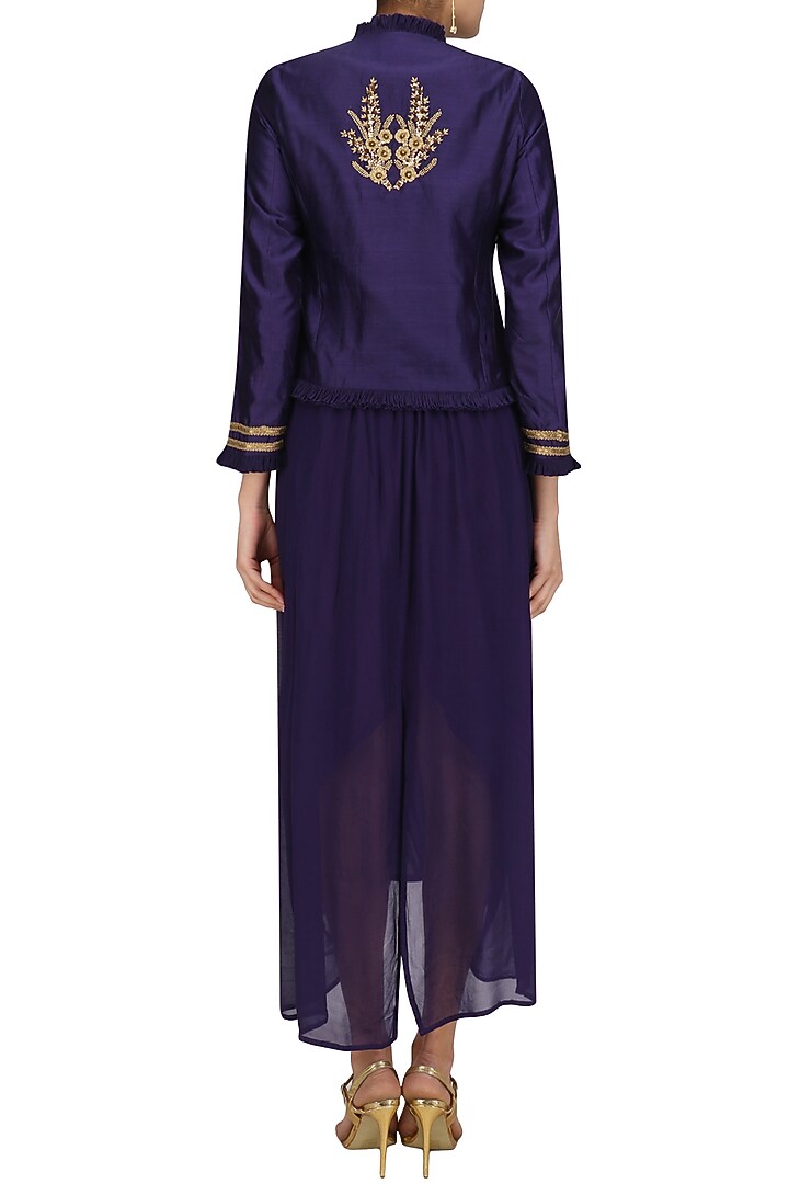 Eggplant color embroiderd frill jacket with asymmetric skirt available only at Pernia's Pop Up Shop.