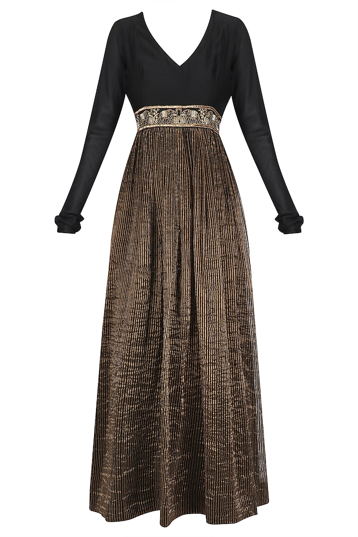 Black and Gold V Neck Dress by Aekatri by Charu Vij