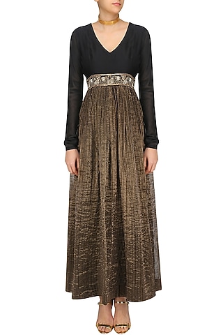 Black and Gold V Neck Dress by Aekatri by Charu Vij