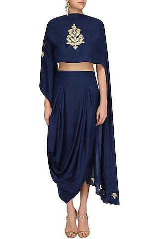 Blue Floral Embroidered Top with Asymmetric Skirt by Aekatri by Charu Vij