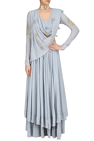 Powder Blue Drape Top with Two Layer Bias Cut Skirt by Aekatri by Charu Vij