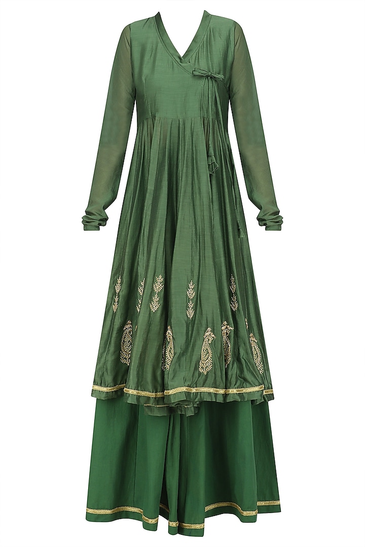 Moss Green Zari Angrakha Style Anarkali Kurta and Sharara Pants Set by Aekatri by Charu Vij