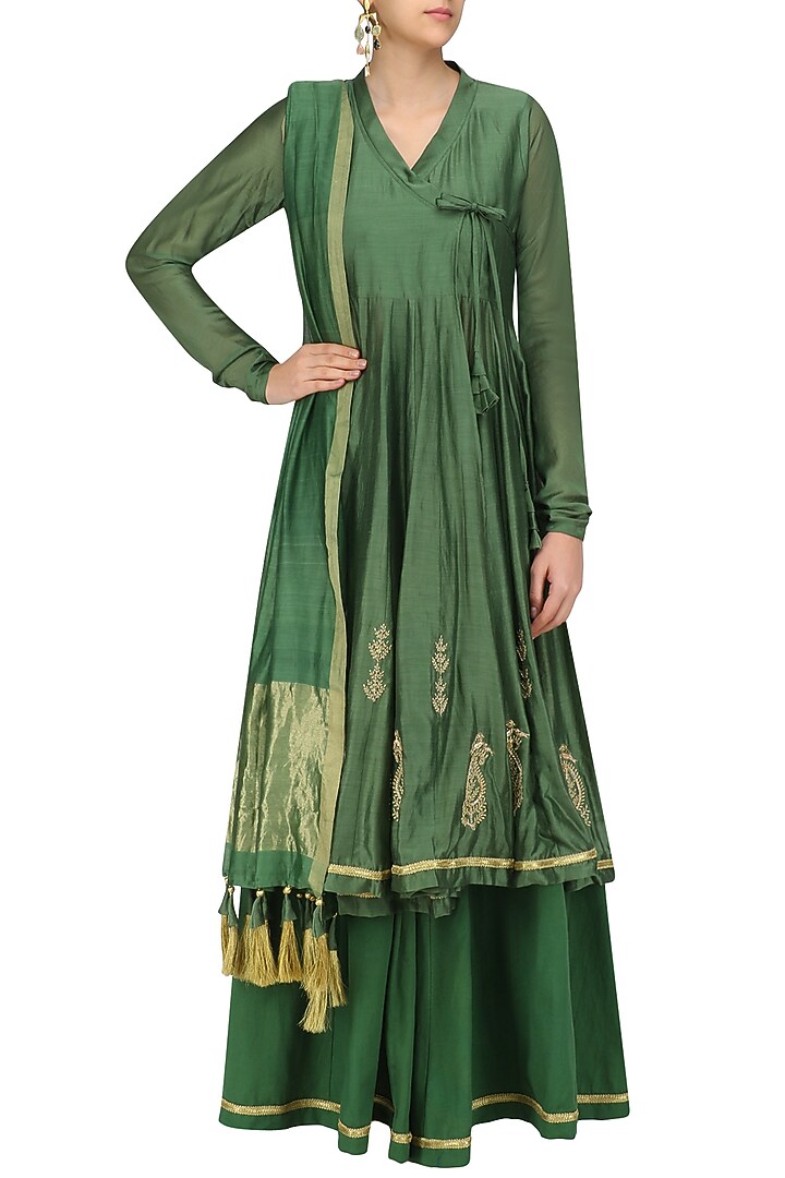 Moss green zari angrakha style anarkali kurta and sharara pants set available only at Pernia's Pop Up Shop.