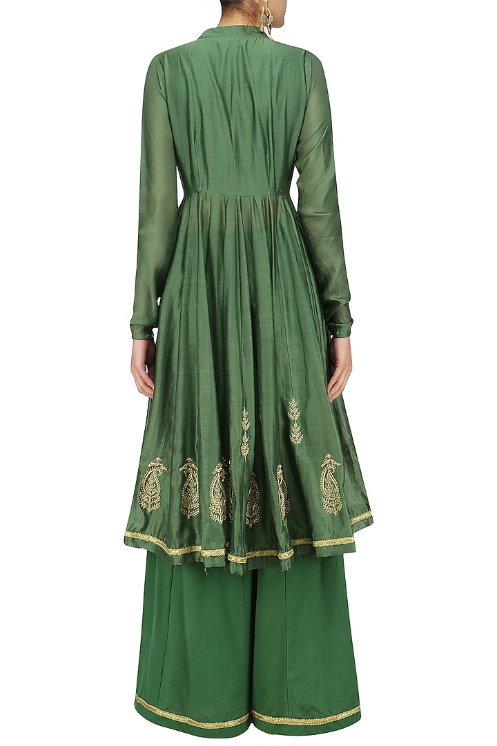 Moss green zari angrakha style anarkali kurta and sharara pants set available only at Pernia's Pop Up Shop.