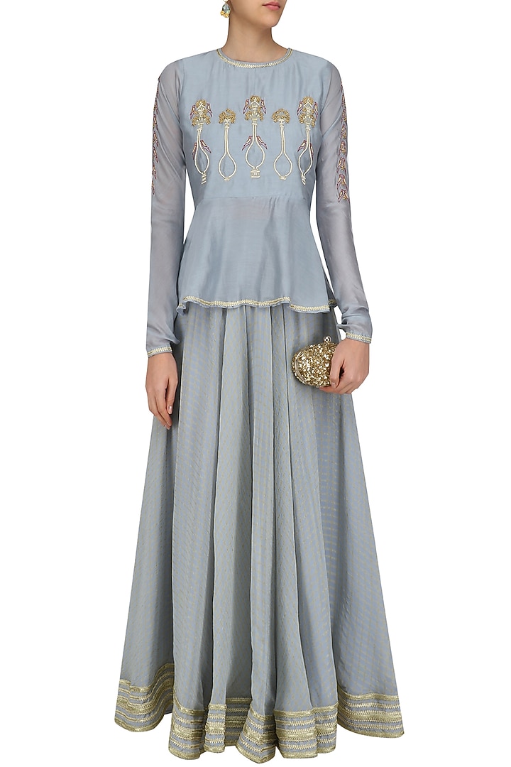 Powder blue potted plant motifs peplum top and skirt set available only at Pernia's Pop Up Shop.