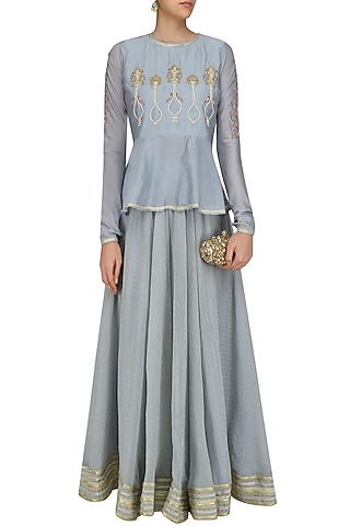Powder Blue Potted Plant Motifs Peplum Top and Skirt Set by Aekatri by Charu Vij