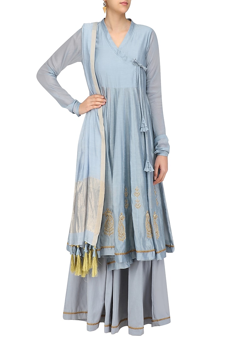 Powder blue embroidered angrakha style kurta and flared pants set available only at Pernia's Pop Up Shop.