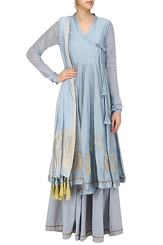 Powder Blue Embroidered Angrakha Style Kurta and Flared Pants Set by Aekatri by Charu Vij