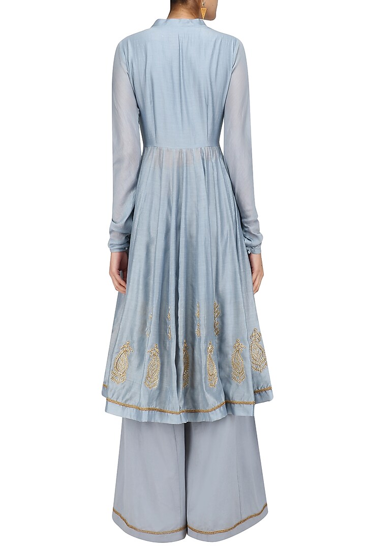 Powder blue embroidered angrakha style kurta and flared pants set available only at Pernia's Pop Up Shop.