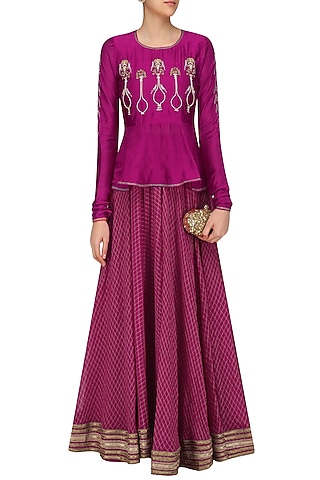 Cranberry Potted Plant Motifs Peplum Top and Skirt Set by Aekatri by Charu Vij