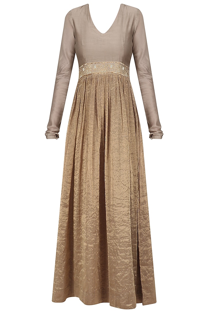 Beige and gold embroidered v neck dress available only at Pernia's Pop Up Shop.