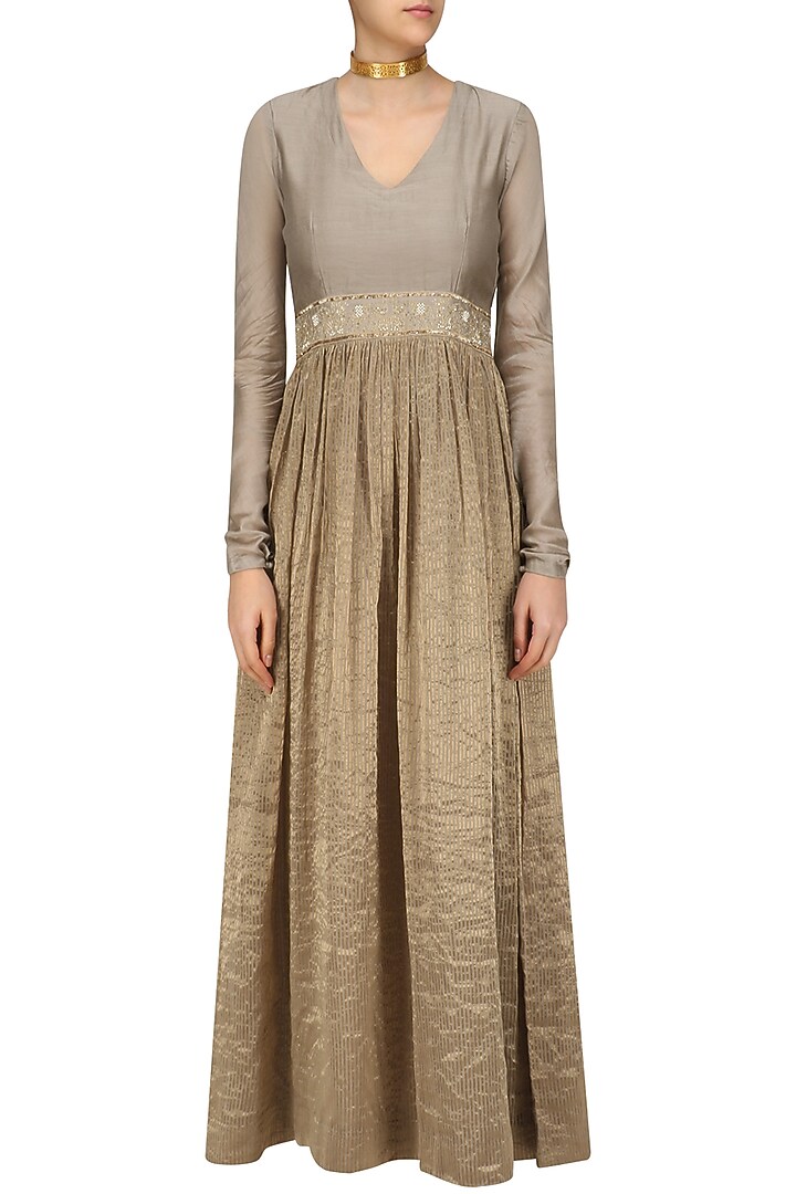 Beige and gold embroidered v neck dress available only at Pernia's Pop Up Shop.