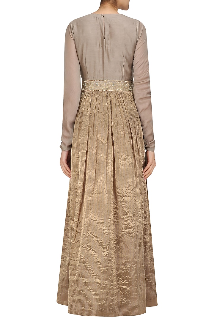 Beige and gold embroidered v neck dress available only at Pernia's Pop Up Shop.