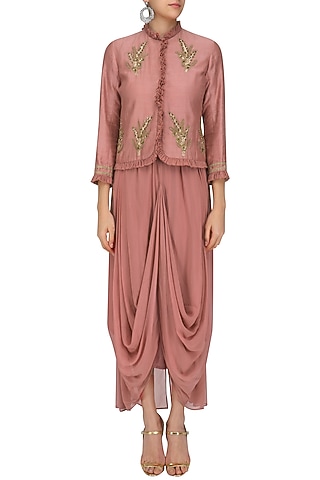 Salmon Embroidered Frill Jacket and Skirt Set by Aekatri by Charu Vij