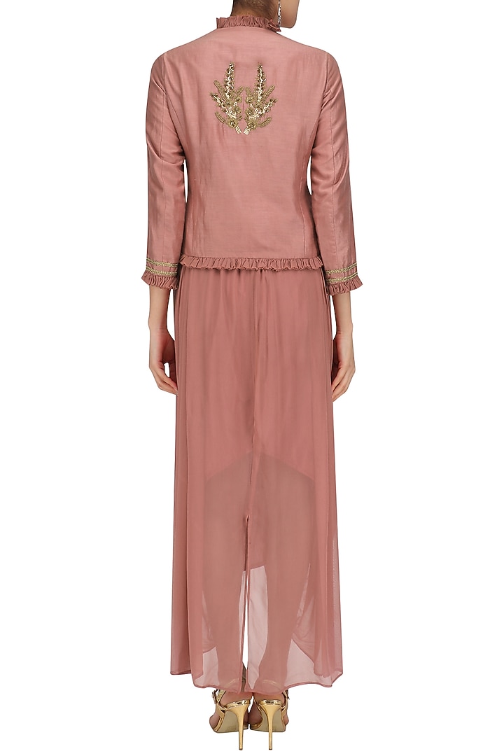 Salmon embroidered frill jacket and skirt set available only at Pernia's Pop Up Shop.