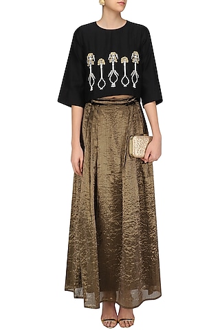 Black Potted Plant Motifs Top and Gold Skirt Set by Aekatri by Charu Vij