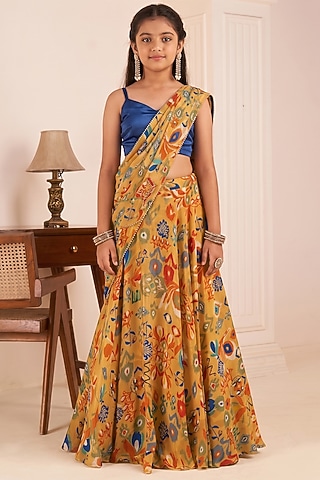 Mustard Yellow Viscose Crepe Printed Lehenga Saree Set For Girls by Affroz Kids