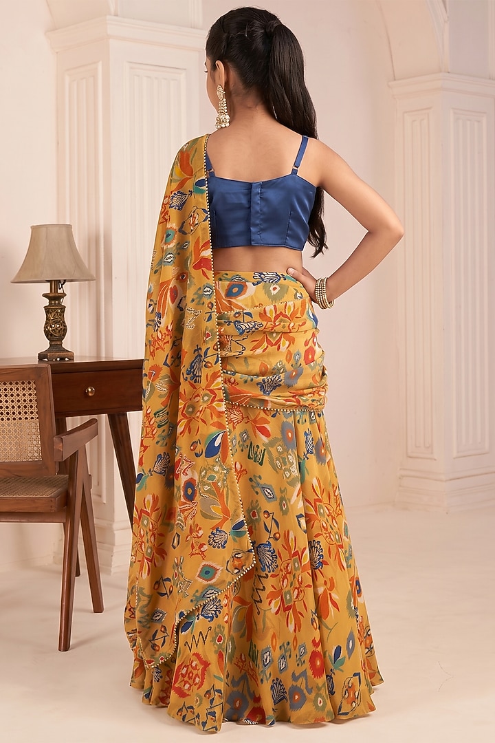 Mustard Yellow Viscose Crepe Printed Lehenga Saree Set For Girls by Affroz Kids at Pernia's Pop Up Shop