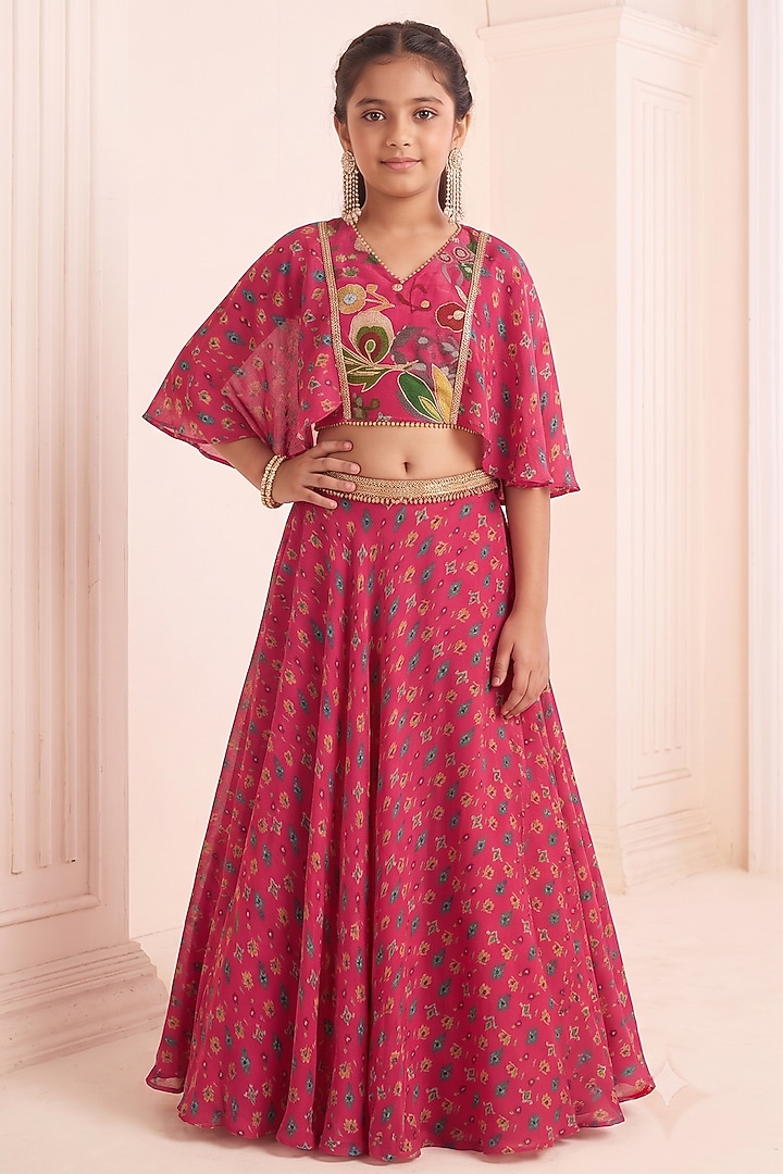 Hot Pink Viscose Crepe Printed Lehenga Set For Girls by Affroz Kids at Pernia's Pop Up Shop