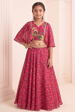 Hot Pink Viscose Crepe Printed Lehenga Set For Girls by Affroz Kids