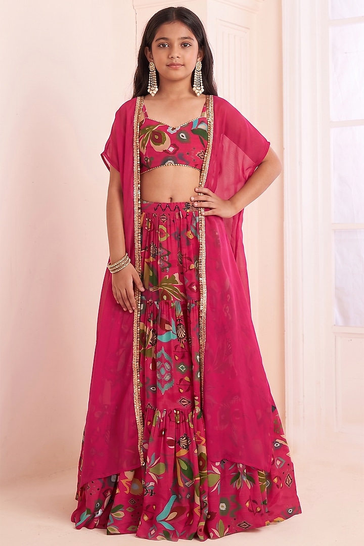Hot Pink Viscose Crepe Printed Lehenga Set For Girls by Affroz Kids at Pernia's Pop Up Shop
