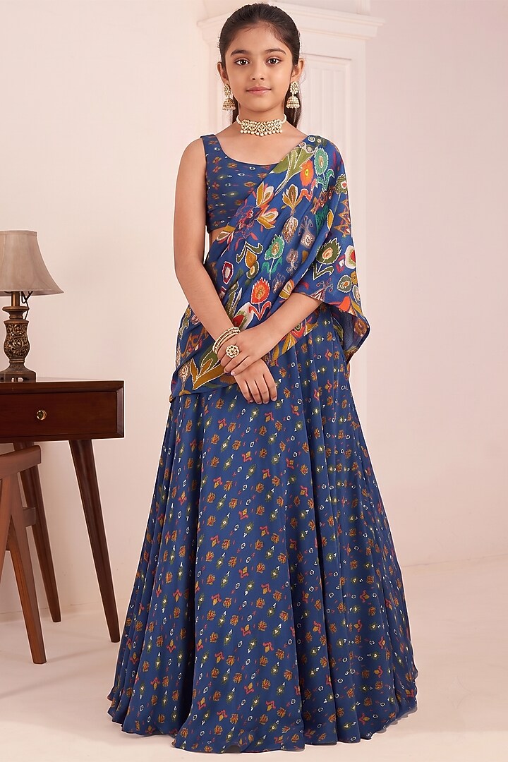 Blue Viscose Crepe Printed Lehenga Saree Set For Girls by Affroz Kids at Pernia's Pop Up Shop